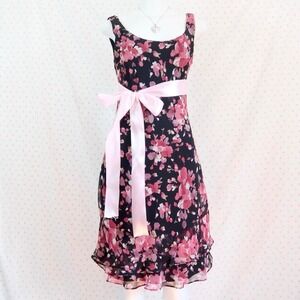 vintage scarlett black pink floral chiffon midi dress coquette y2k